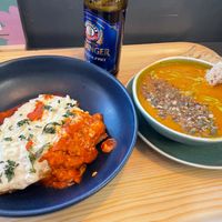 Enchiladas with vegan cheese, and Roasted tomato and cauliflower soup.  at Cornucopia in Dublin