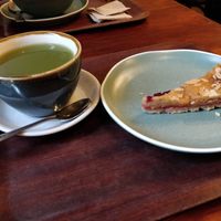 Matcha tea and a raspberry frangipani at Cornucopia in Dublin