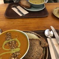 Tomato soup with coconut and celery soup  at Cornucopia in Dublin