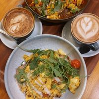 Scrumble tofu and cappuccino (oat and soya) at Cornucopia in Dublin