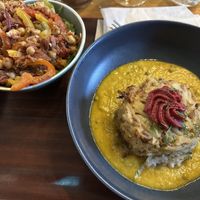 Potato cake with beet topping on lentil sauce with chickpea and kale salads combined   at Cornucopia in Dublin