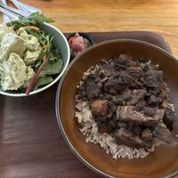Braised jackfruit, mushroom, black bean with rice. Potato salad and other salad on the side  at Cornucopia in Dublin