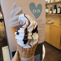 Vegan soft ice cream with chocolate sauce at Cornucopia in Dublin