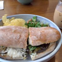 Ciabatta with pesto, vegan mozzarella, aubergine at Cornucopia in Dublin