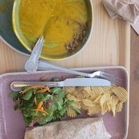 Tasty food. Ginger and Carrott soup and chicken ceasar wrap (preprepared) at Cornucopia in Dublin