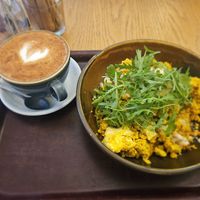 Tofu scramble on brown bread and chai latte at Cornucopia in Dublin