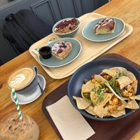Breakfast options. I had the scrambled tofu nachos. We shared the pasties and my sister had the fruit porridge     at Cornucopia in Dublin