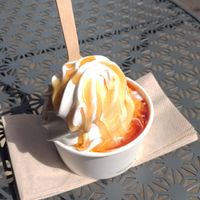 Soft serve ice cream with butterscotch sauce at Cornucopia in Dublin