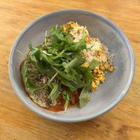 Vegan eggs and beans for breakfast  at Cornucopia in Dublin
