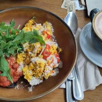 Breakfast: Half baked beans and half scrambled tofu, with soy milk cappuccino at Cornucopia in Dublin