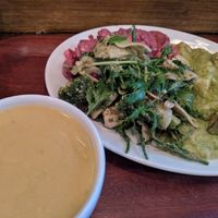 Roasted cauliflower soup; Thai tofu Curry, brown rice, side salads: beet, arugula at Cornucopia in Dublin