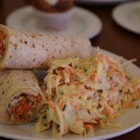 Smoked tofu and daikon wrap, with a side of cole slaw. at Cornucopia in Dublin