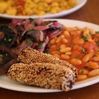Vegan Breakfast:  Beans, Mushrooms, Onions, and 'Sausages' at Cornucopia in Dublin