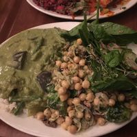 Fricasse - aubergine, spinach and fennel stew with cashew and white wine on rice with chickpea salad at Cornucopia in Dublin
