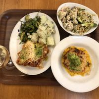 Delicious vegan lasagne, potato pancake, and sides   at Cornucopia in Dublin
