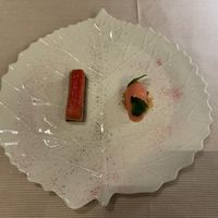 "Divine Healer" (second dessert course) — Confit rhubarb cake with hazelnuts and sorbet at Joia Alta Cucina Naturale in Milan