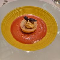 My favorite: tomato and strawberry gazpacho, saffron cream, bread dipped in tomato water, capers, wild fennel at Joia Alta Cucina Naturale in Milan