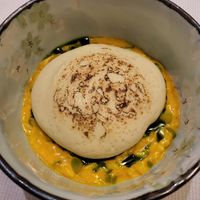 Risotto creamed with carrots, flamed asparagus, wild garlic emulsion,  soft curry mouse at Joia Alta Cucina Naturale in Milan