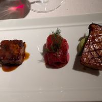 Course 5: house made bean tempeh, red pepper roll, king trumpet mushroom on edamame mousse at Joia Alta Cucina Naturale in Milan