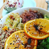 Buddha Bowl without egg (simply have to ask for removing it) and vegan raw fruity cheesecake behind  at Sovaga in Toulouse