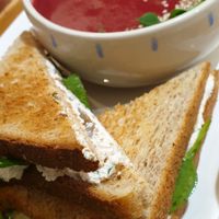 The "Croq" made of vegan cheese and pears, with a beetroot soup. at Sovaga in Toulouse