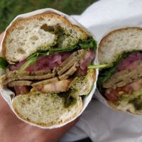 Weekend special - Vegan Turky Pesto Sub: Sunflower seed pesto, sliced tomatoes, vegan turky slices, pickled red onion, wild rocket, sub roll at FacePlant Foods in Edinburgh