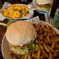 Number of the beast vegan burger and fries at Half Man Half Burger in Hastings