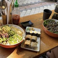 kumo donburi, avo, mango and spinach sushi and tofu salad  at YUZU in Istanbul