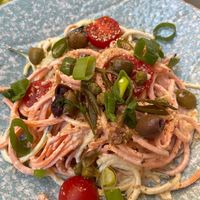 Raw sweet potatoe spaghetti with cashew Alfredo sauce at Nishta in Dubrovnik