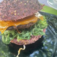 Les Nouveaux Fermiers burger with cheddar option  at Délices Veggies in Metz