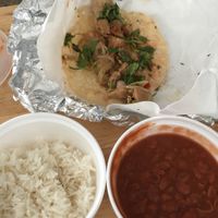 2 Jackfruit tacos, rice and pinto beans (other taco not pictured cause I ate it before the pic) at Jackfruit Cafe in West Los Angeles