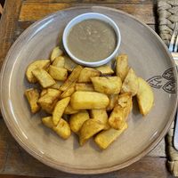 Chips and vegan gravy, $3  at New Leaf Eatery in Siem Reap