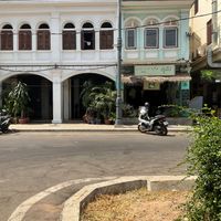 View of New Leaf Eatery fro next to the waterwheel /triangle roundabout  at New Leaf Eatery in Siem Reap