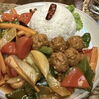 Vegan meatballs with rice and veggies  at New Leaf Eatery in Siem Reap