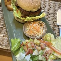 Vegan bean burger with chips and salad  at New Leaf Eatery in Siem Reap