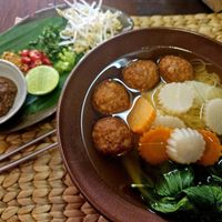 Cambodian noodle soup with homemade vegan meatballs at New Leaf Eatery in Siem Reap