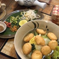 Vegan Cambodian breakfast soup with a pot of fresh ginger tea (tea not on the menu but we’re happy to make it for me)  at New Leaf Eatery in Siem Reap