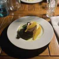 Raw vegan cacao and carob terrine with saffron pears and almond mousse  at Can Domingo in Ibiza