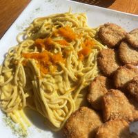 Cristine Spaghetti dish (no mention on the menu of vegan chicken nuggets...)  at Restaurant Paracas in Paracas