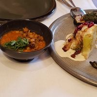 Orzo, channa daal, eggplant with pesto, cauliflower with tahini, grilled dates, asparagus at Betty's Vegetarian Restaurant in Amsterdam