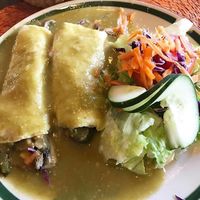 Vegan option: Enchiladas del Huerto filled with mushrooms, carrot, cabbage, pepper slices and corn, covered with red or green sauce, accompanied with salad. ¡Delicious! 
Price $79 pesos at Los Magueyes  in La Paz