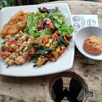 Meal of the day: salad, garbanzo, mashed potatoes, tossed carrots kale and corn (all delicious) at Naturalia Cafe in Medellin