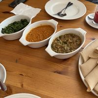 we got the 2 person deal and chose the spinach dish, a lentil dish and an okra dish with some injera  at Keren View in North London