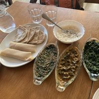 Lentils, okra, spinach with injera and pita  at Keren View in North London