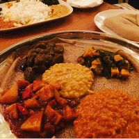 Selection of 5 dishes and injera  at Keren View in North London