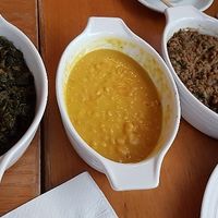 Hamli (spinach dish), atter (split yellow chickpea dish) and brsen (brown lentil dsh) at Keren View in North London