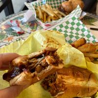 BBQ chicken sandwich with fries. My husband gave me his onion rings    at Seed Ranger in Ventura