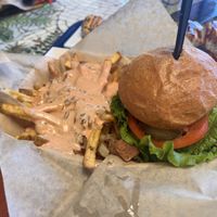 Bacon cheese burger with animals style fries  at Seed Ranger in Ventura