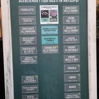 Menu with clearly marked vegan options and flavour of the month at Gelateria La Romana in Bergamo