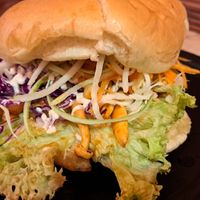 Mushroom burger at Vegan Delights Cafe in Ipoh